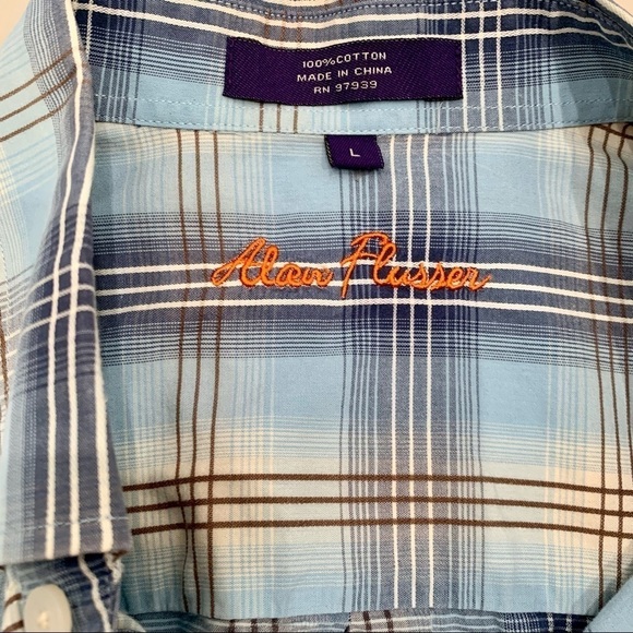 Alan Flusser Shirt Size Large Blue Brown Plaid Button Down Long Sleeve Men - Picture 6 of 6
